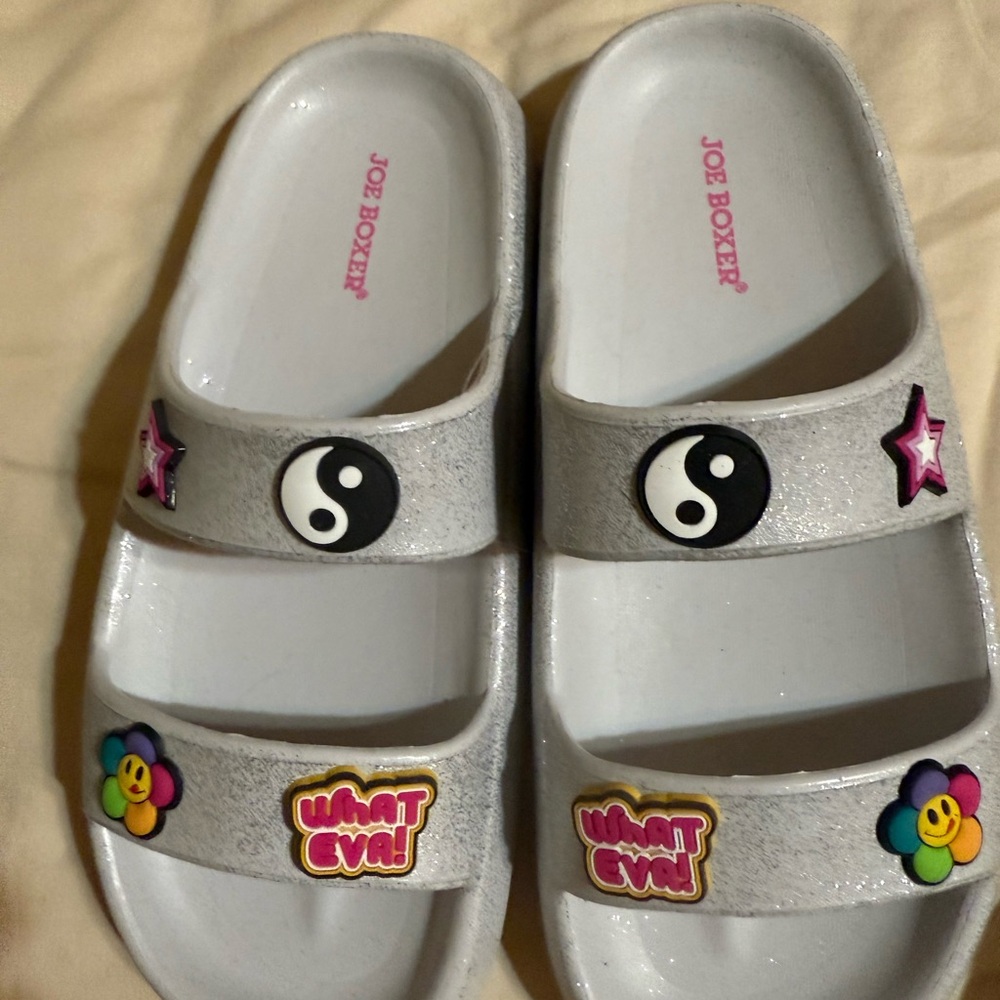 Joe Boxer Silver Slide Sandals with Decorative Straps
